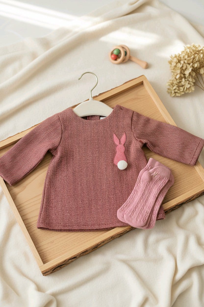 Robe bébé fille chevron rose avec motif lapin et collants assortis