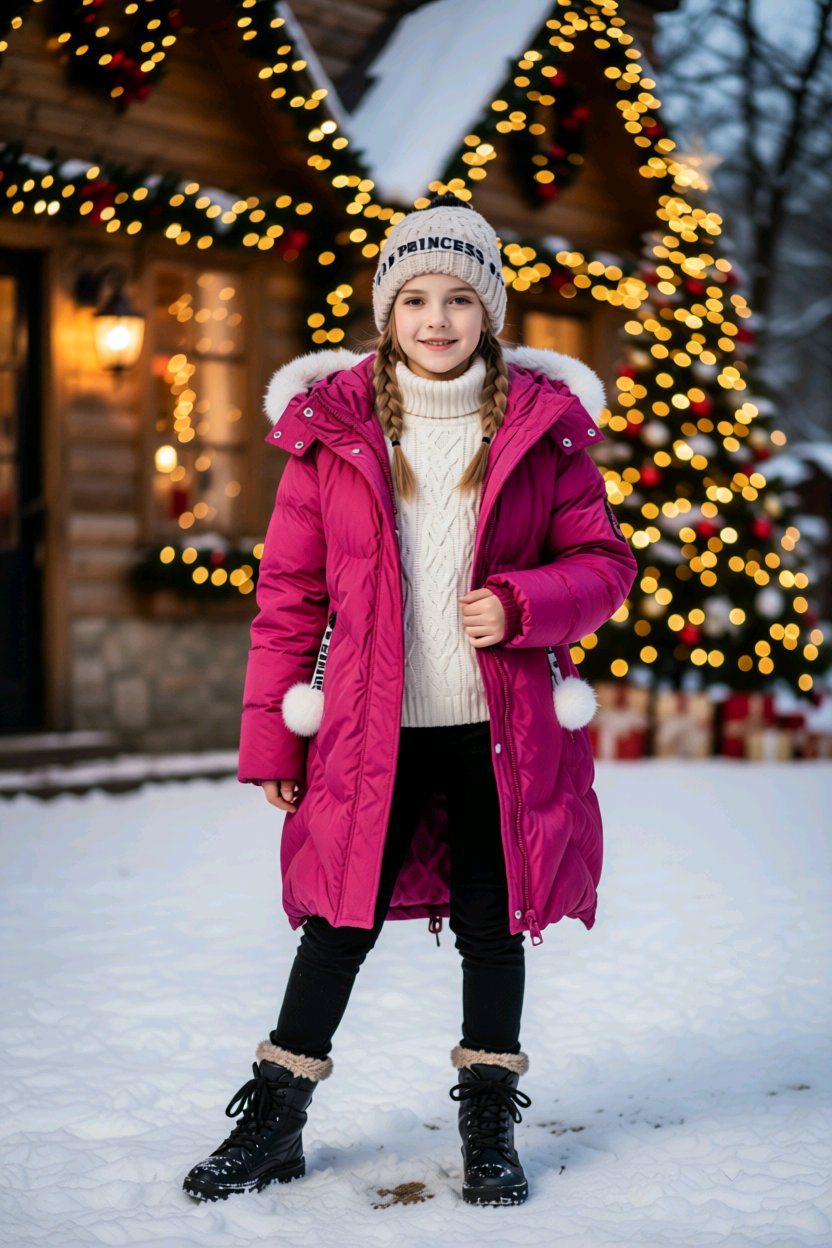 Manteau fille long d’hiver “Princess” avec capuche et pompons