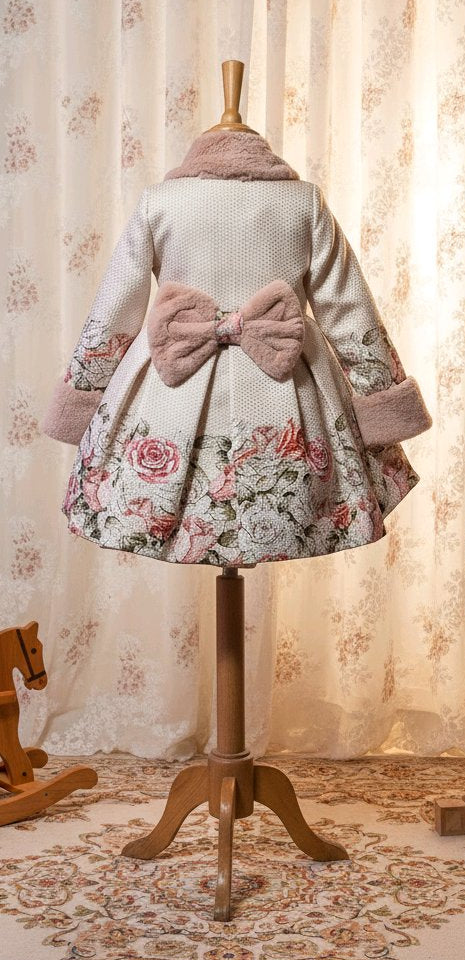 Robe-Manteau fille de cérémonie ivoire à fleurs et fausse fourrure rose