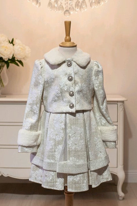 Robe avec manteau fille avec col en fausse fourrure et boutons perles