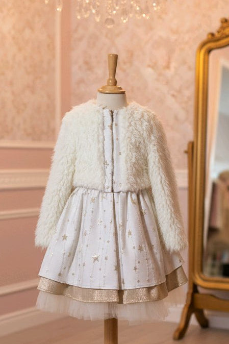 Robe fille à étoiles dorées avec gilet en fausse fourrure