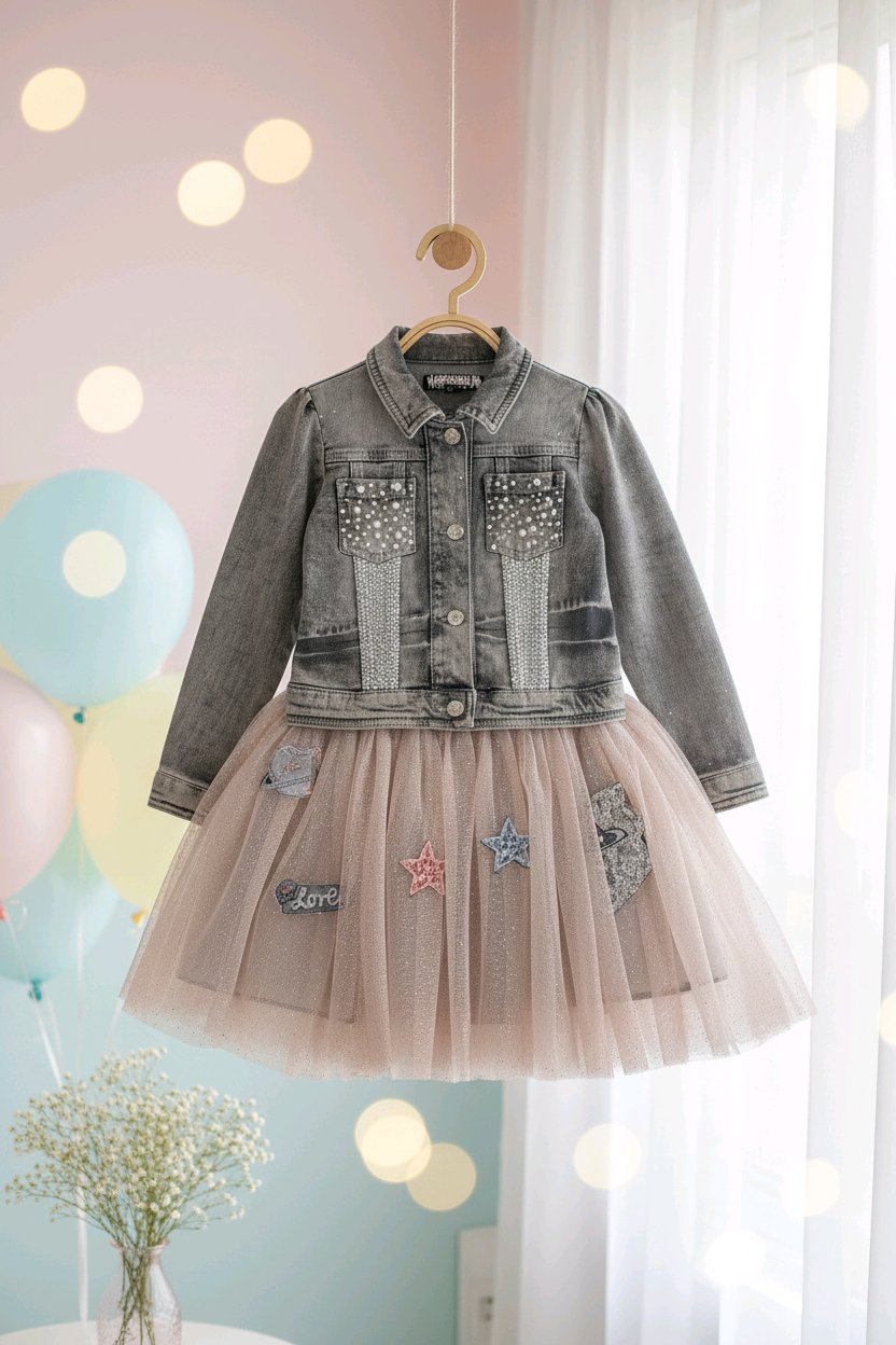 Ensemble fille jupe tutu rose poudré et veste en jean grise