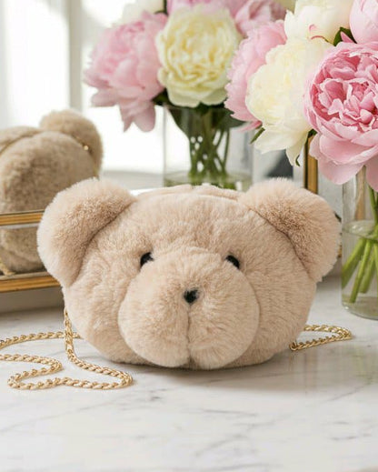 Sac peluche tête ours – sac à main doux et mignon avec chaînette dorée