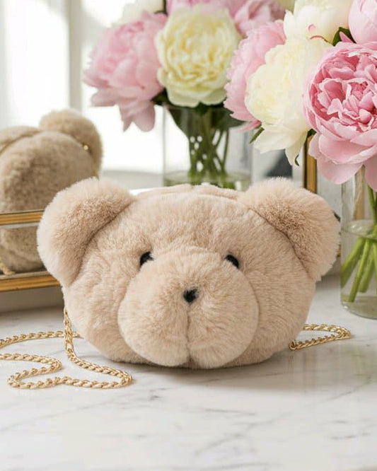 Sac peluche tête ours – sac à main doux et mignon avec chaînette dorée