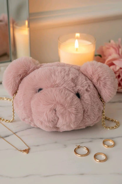 Sac peluche tête ours – sac à main doux et mignon avec chaînette dorée