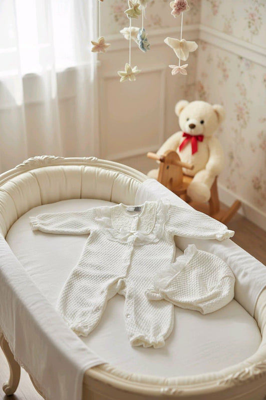 Grenouillère bébé ivoire chic avec dentelle et nœud satiné + bonnet assorti