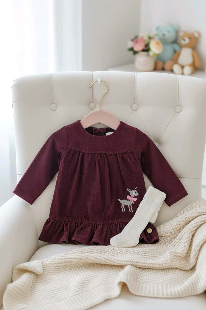 Robe bébé fille en velours côtelé prune avec collants