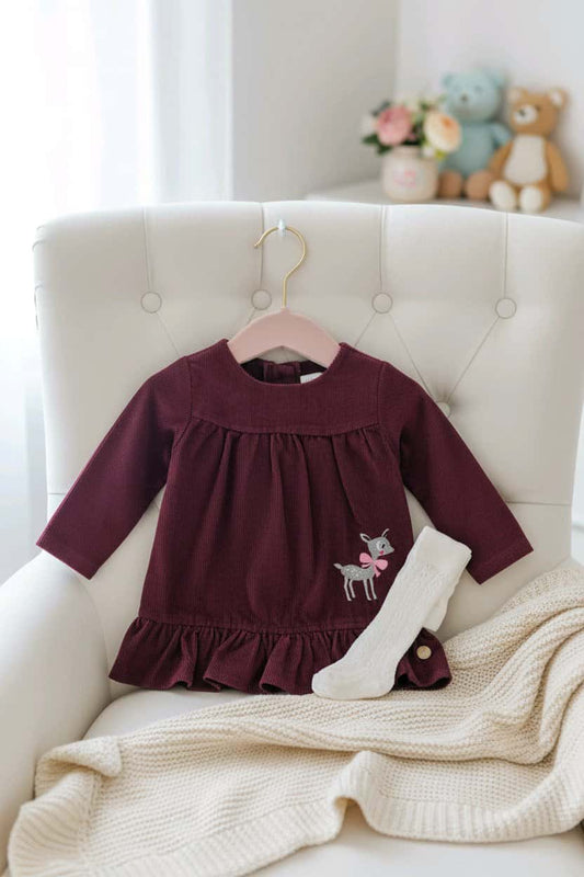 Robe bébé fille en velours côtelé prune avec collants