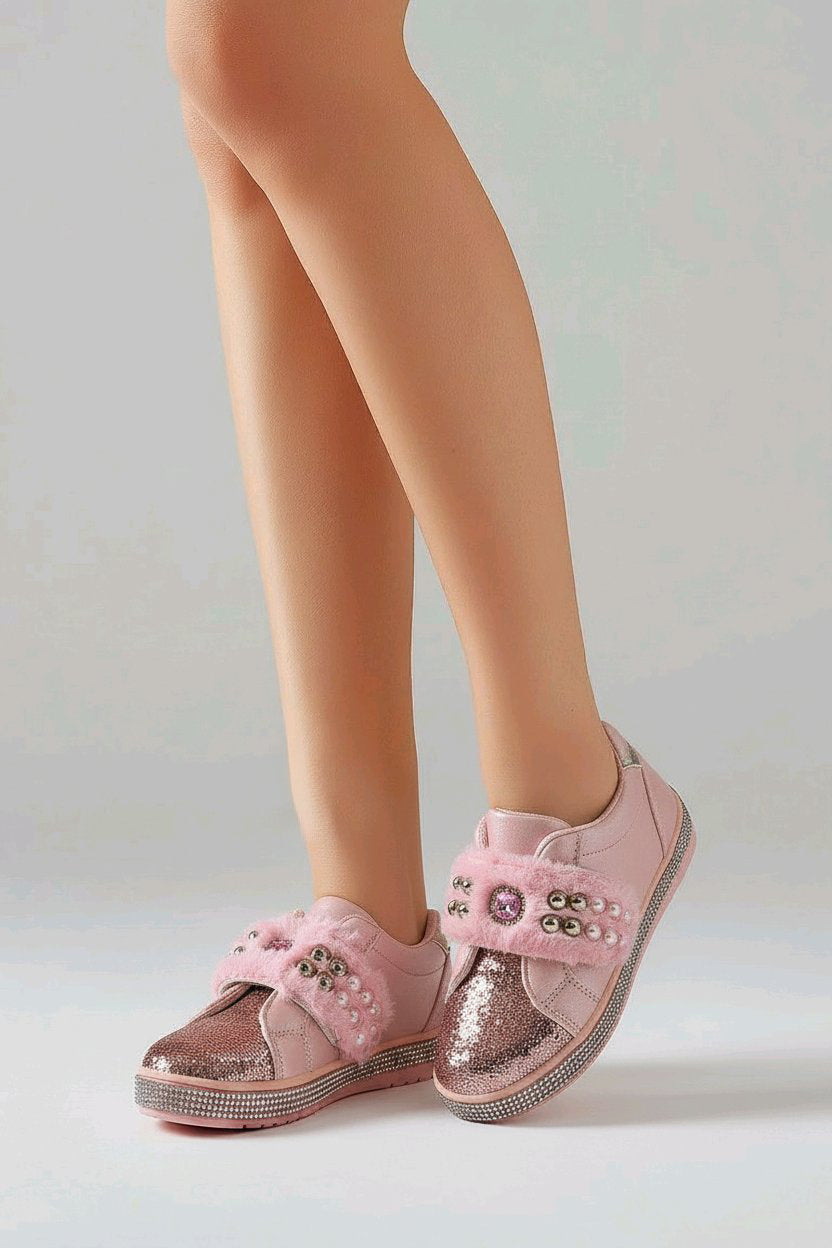 Baskets fille avec fausse fourrure, perles et strass