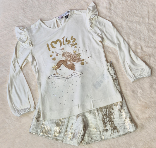 Ensemble fille “I Miss You” – T-shirt manches longues et short à sequins argentés Au palais des rêves