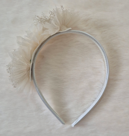 Robe de cérémonie fille ivoire et dorée avec jupe en tulle volumineux et serre-tête assorti Au palais des rêves