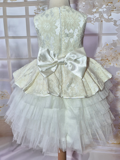 Robe de cérémonie fille ivoire avec dentelle et tulle + serre-tête assorti Au palais des rêves