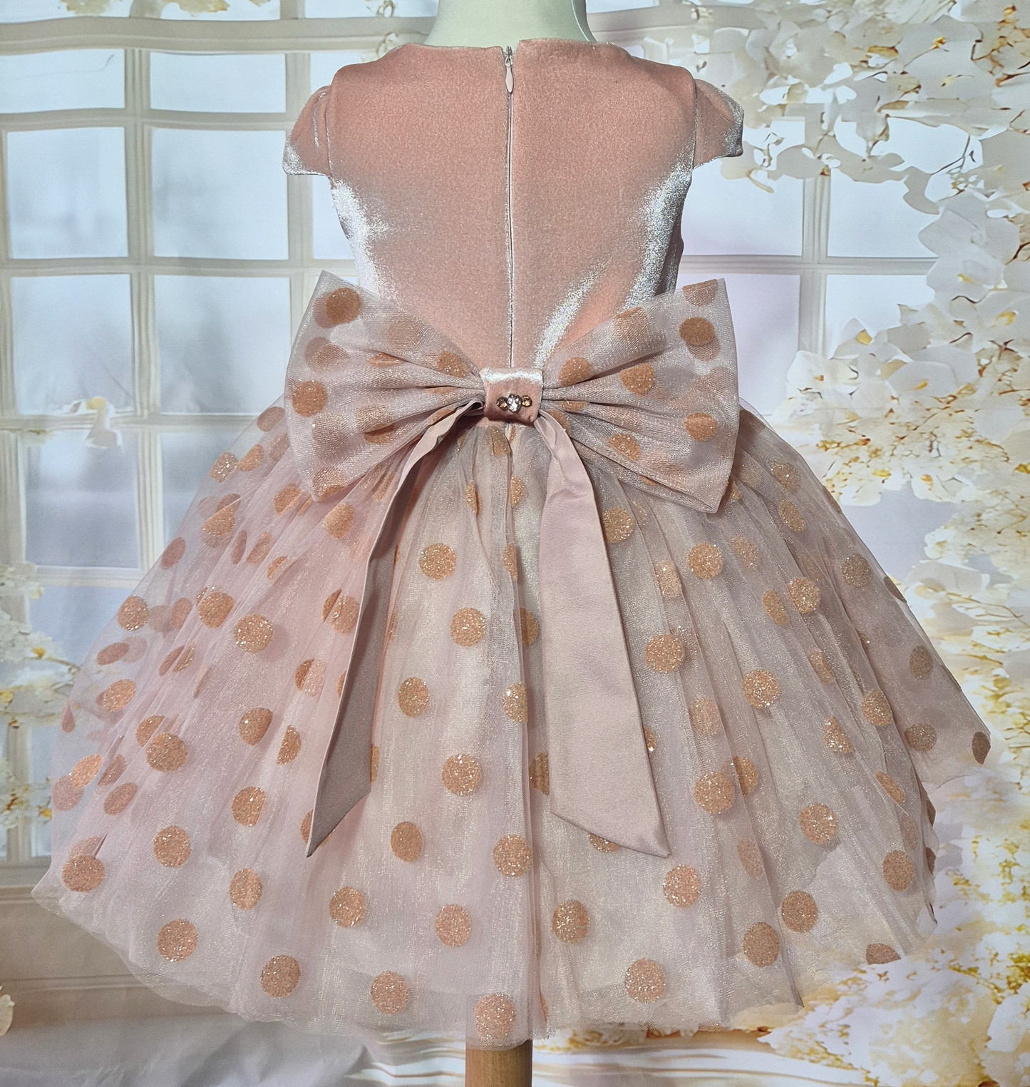 Robe de cérémonie fille à pois avec strass et serre-tête assorti Au palais des rêves