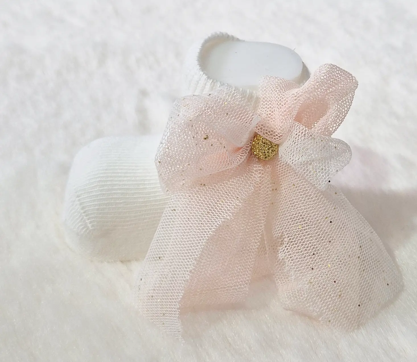 Chaussons bébé fille blancs avec nœud en tulle pailleté Au palais des rêves