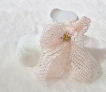 Chaussons bébé fille blancs avec nœud en tulle pailleté Au palais des rêves
