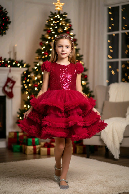 Robe de princesse rouge fille + serre-tête assorti
