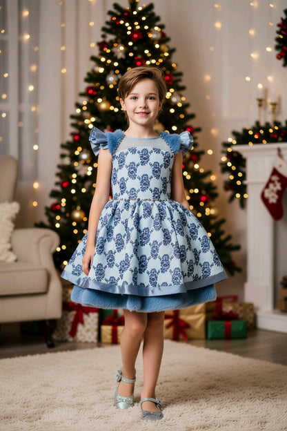 Robe de cérémonie fille bleue à motifs floraux et fausse fourrure