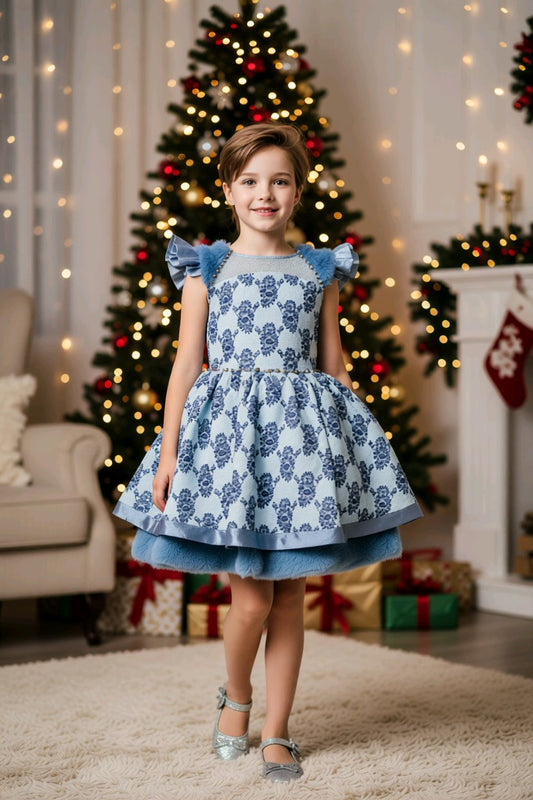 Robe de cérémonie fille bleue à motifs floraux et fausse fourrure