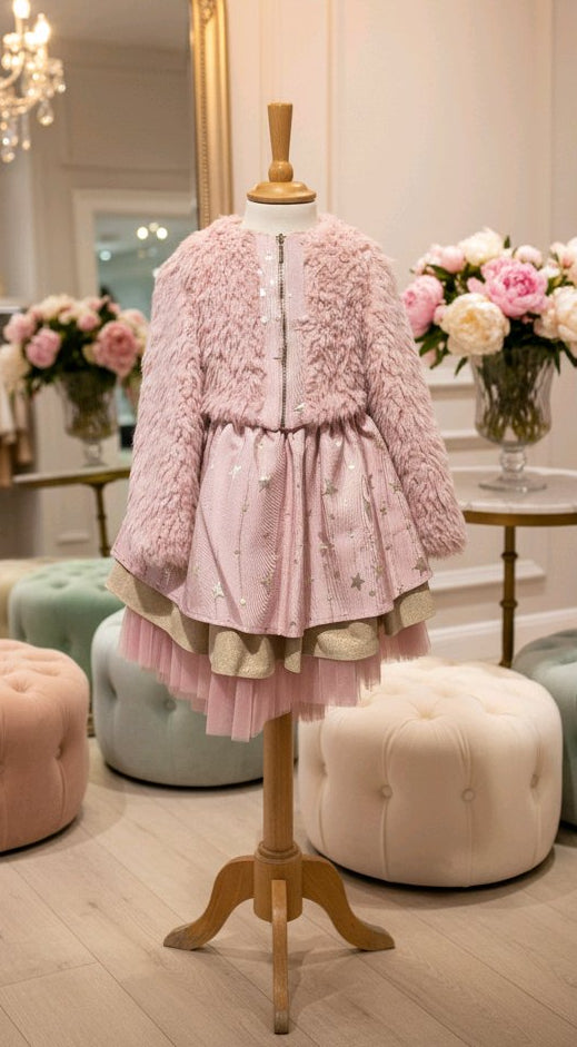 Robe fille à étoiles dorées avec gilet en fausse fourrure