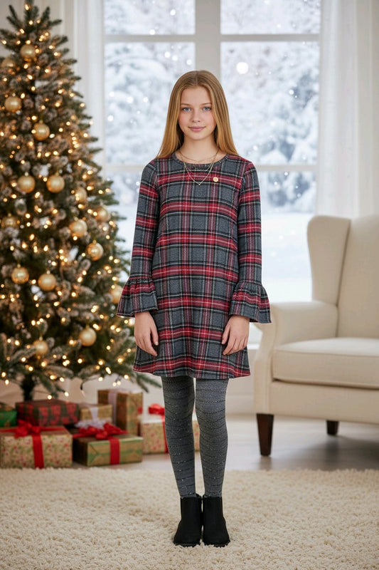 Robe écossaise fille rouge et grise avec collants assortis