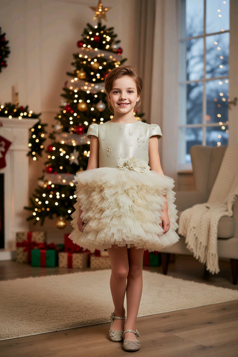 Robe de cérémonie fille ivoire et dorée avec jupe en tulle volumineux et serre-tête assorti