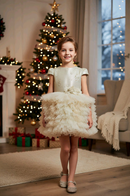 Robe de cérémonie fille ivoire et dorée avec jupe en tulle volumineux et serre-tête assorti