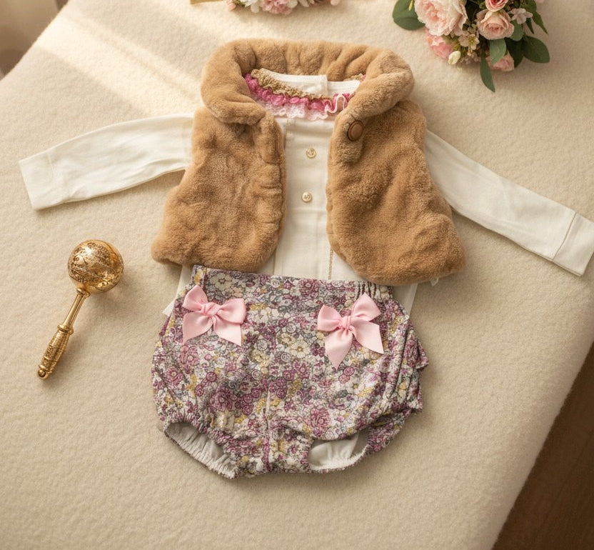 Barboteuse bébé fille chic avec gilet en fausse fourrure et nœuds roses