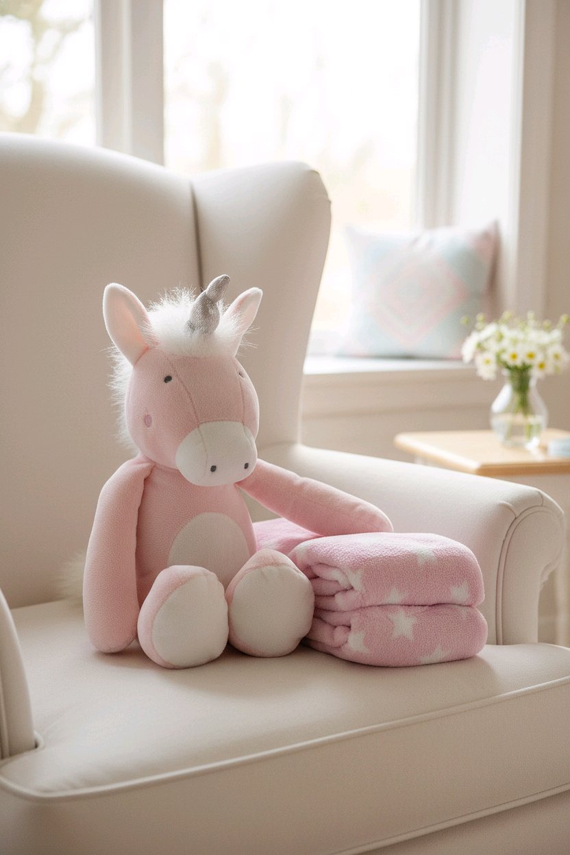 Peluche licorne rose avec couverture