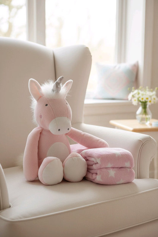 Peluche licorne rose avec couverture