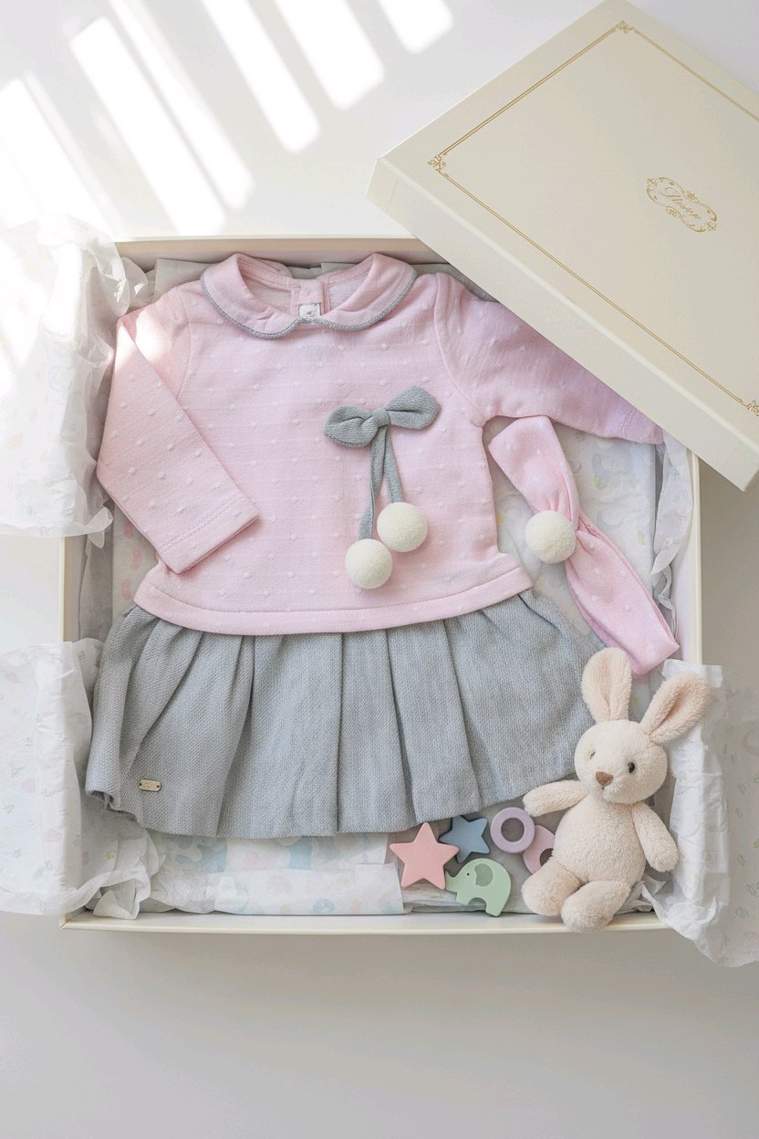 Robe bébé fille rose et gris à pois avec jupe plissée et bandeau assorti