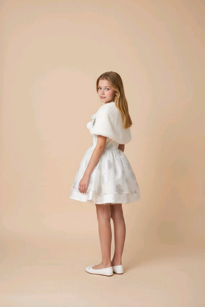 Robe fille de cérémonie à flocons argentés avec cape en fausse fourrure