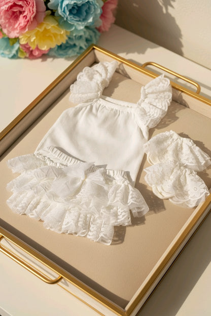 Ensemble bébé fille “Douce Dentelle Ivoire” – 3 pièces avec volants et nœuds