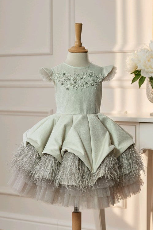 Robe de cérémonie fille avec plumes et tulle