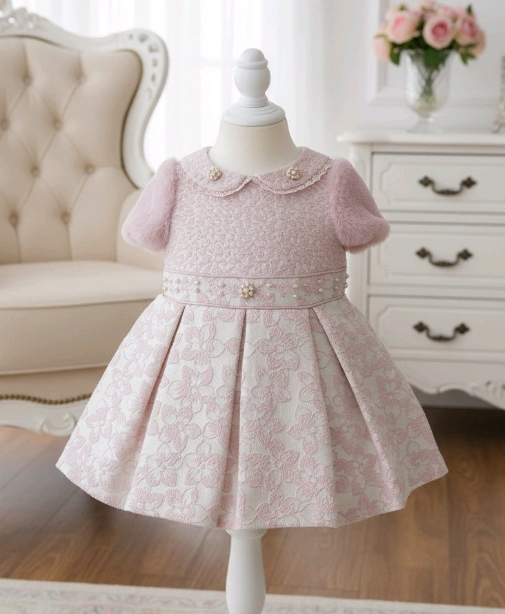 Robe bébé fille rose poudré avec col perlé + bandeau assorti