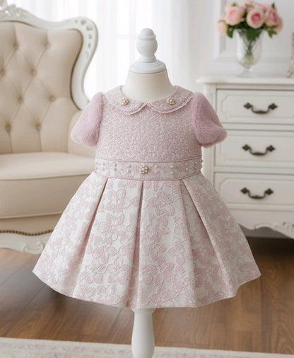 Robe bébé fille rose poudré avec col perlé + bandeau assorti