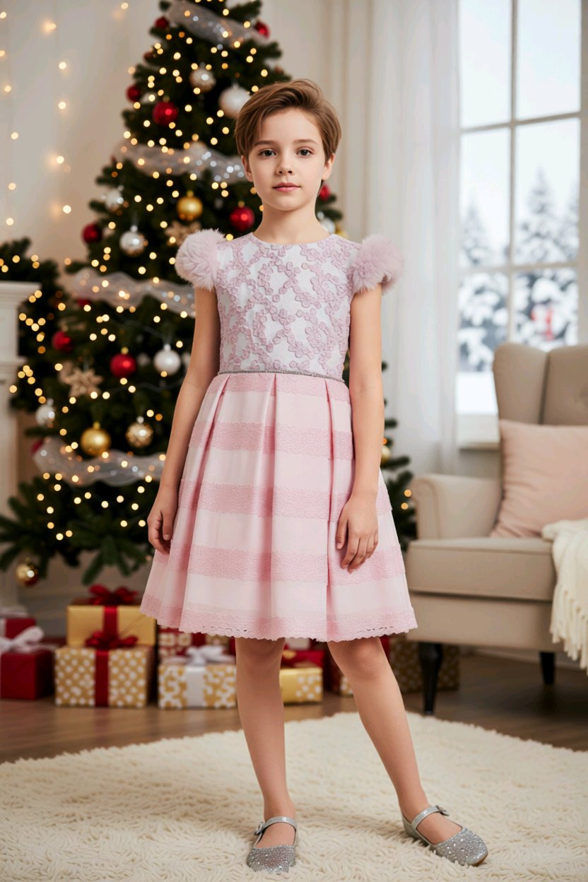 Robe de cérémonie fille rose poudré + serre-tête assorti