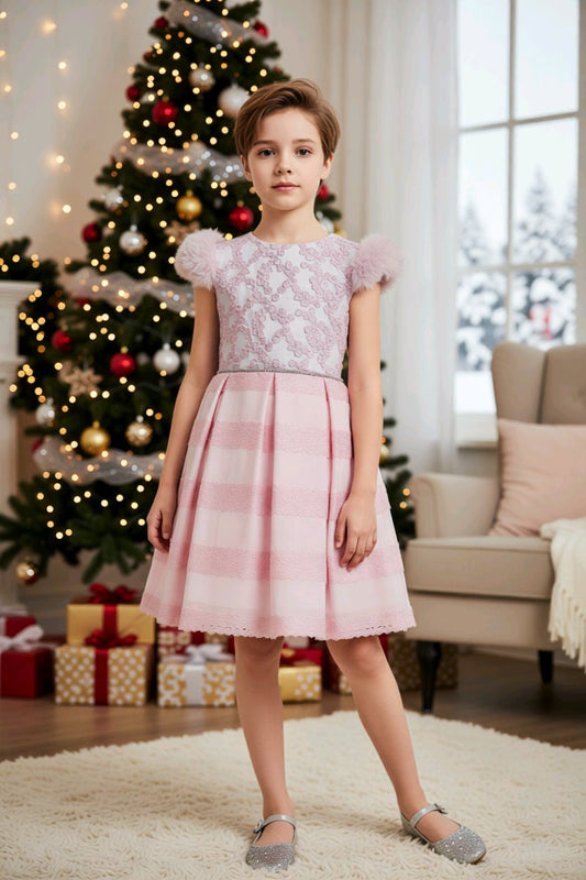 Robe de cérémonie fille rose poudré + serre-tête assorti