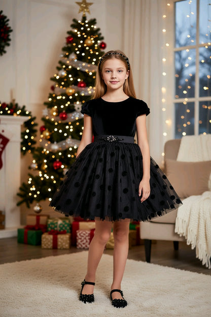 Robe de cérémonie fille à pois avec strass et serre-tête assorti