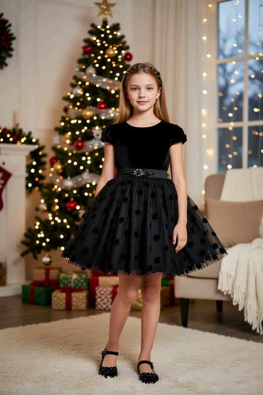 Robe de cérémonie fille à pois avec strass et serre-tête assorti