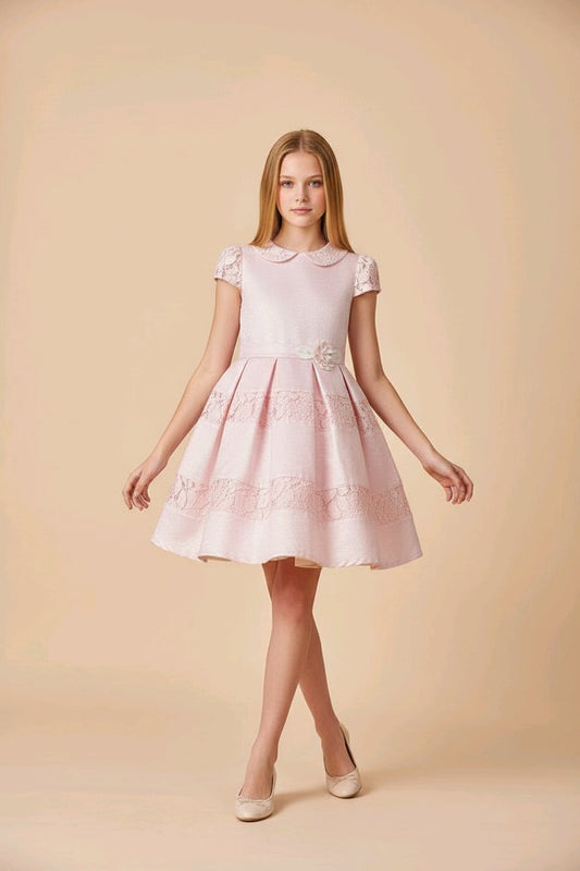 Robe de cérémonie fille rose avec dentelle et serre-tête assorti