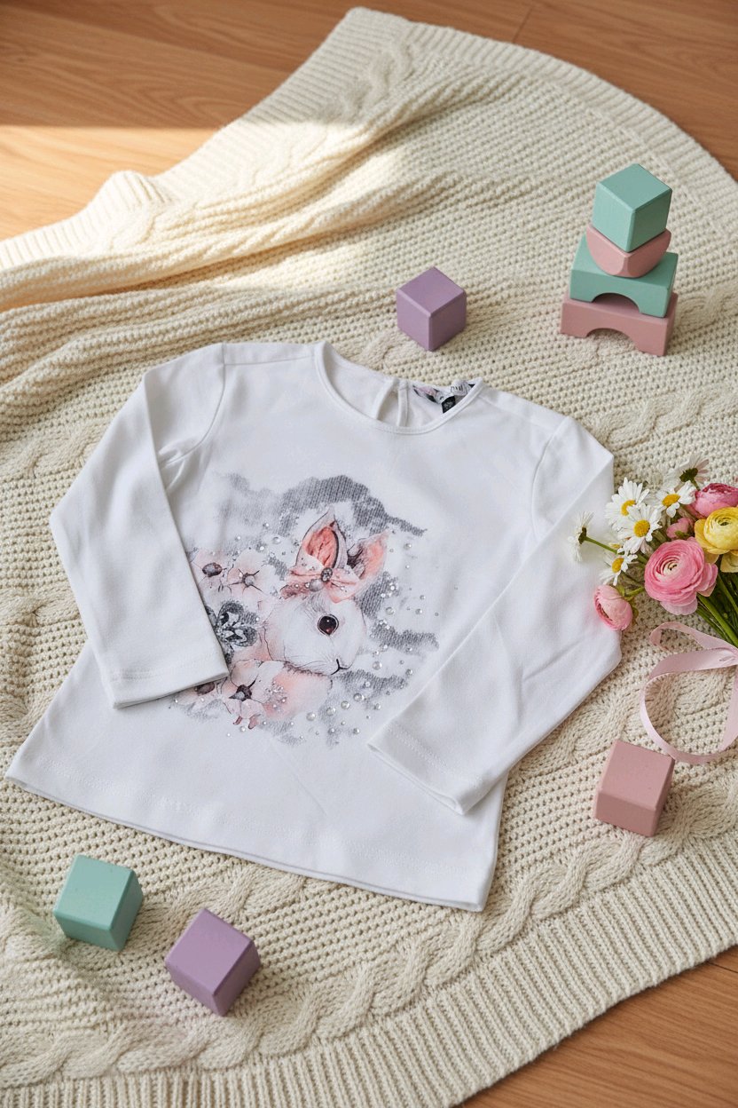 T-shirt fille, manches longues, imprimé lapin pastel