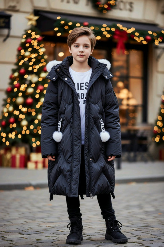 Manteau fille long d’hiver “Princess” avec capuche et pompons