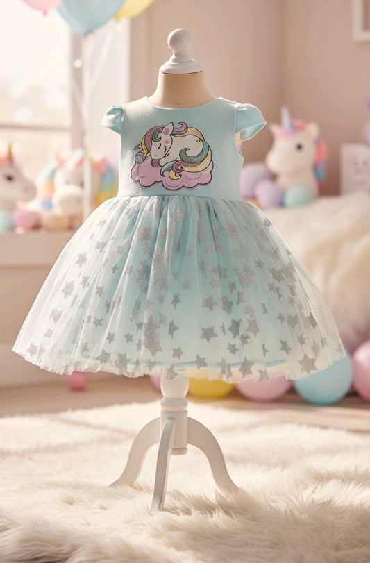 Robe licorne fille bleue avec serre-tête assorti