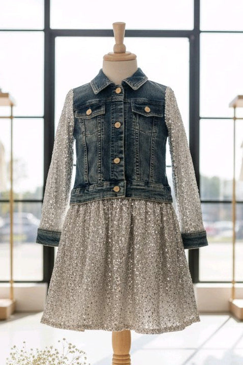 Ensemble fille robe à sequins et veste en jean
