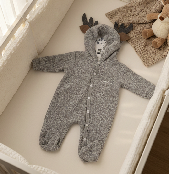 Grenouillère bébé renne en laine douce grise