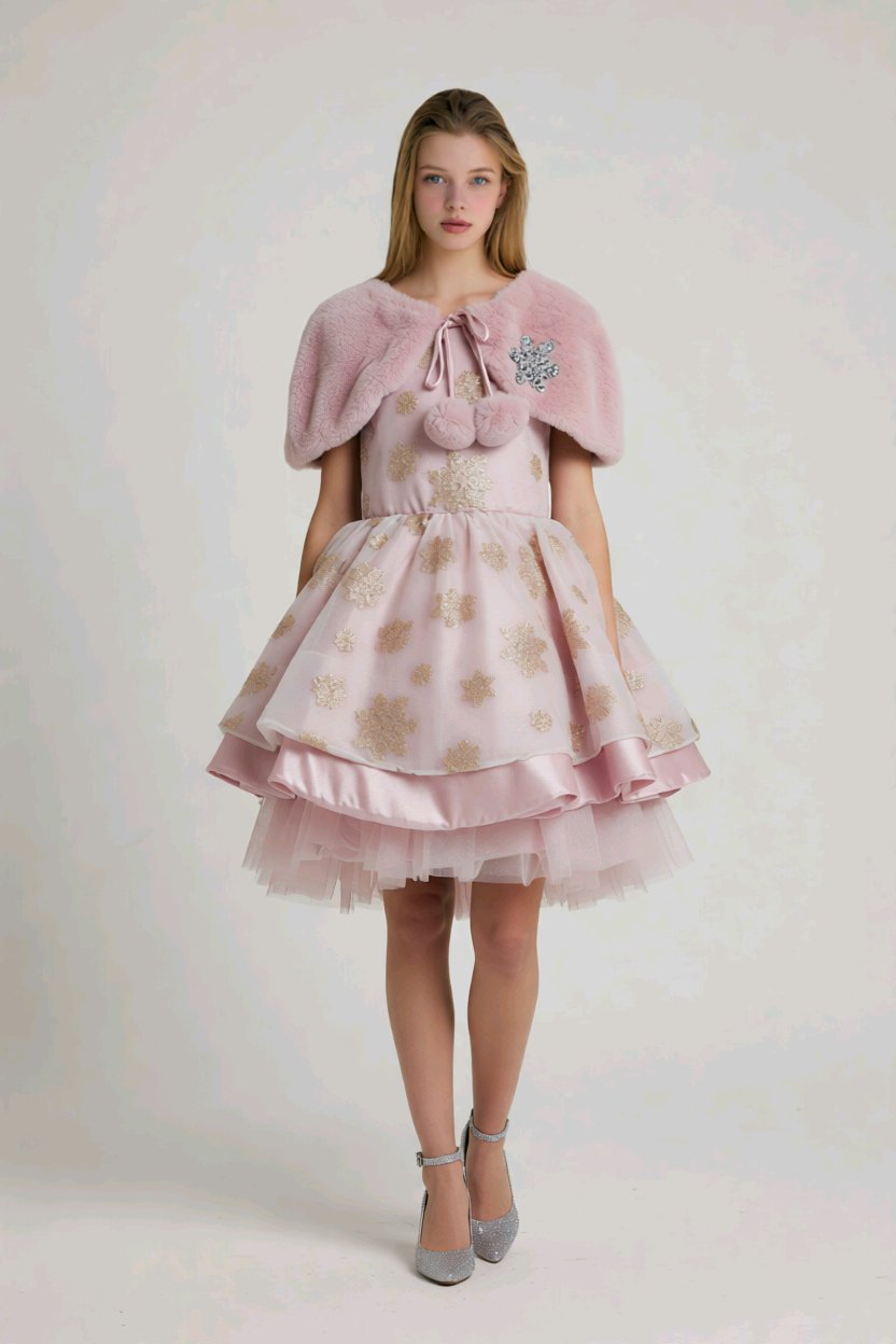 Robe fille de cérémonie à flocons argentés avec cape en fausse fourrure