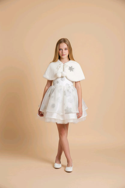 Robe fille de cérémonie à flocons argentés avec cape en fausse fourrure