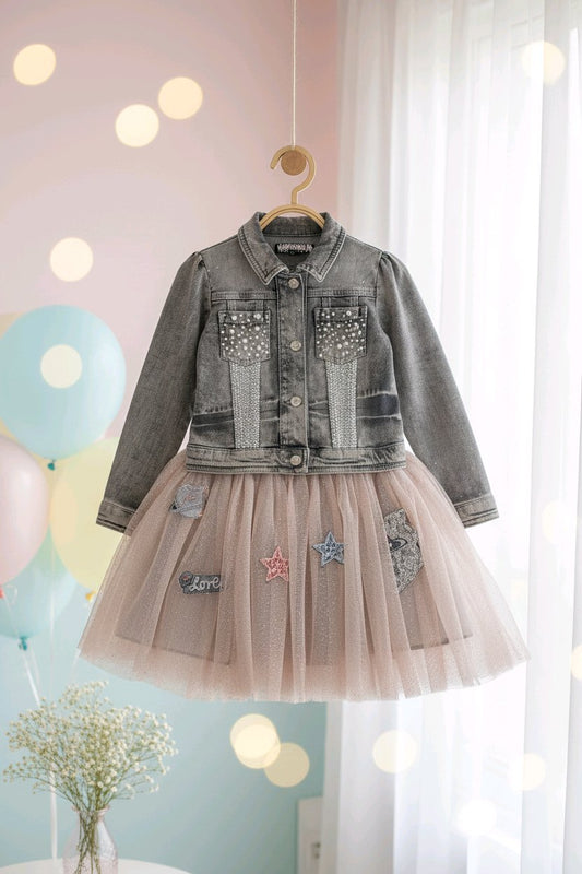 Ensemble fille jupe tutu rose poudré et veste en jean grise