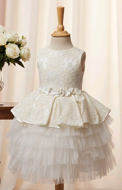 Robe de cérémonie fille ivoire avec dentelle et tulle + serre-tête assorti
