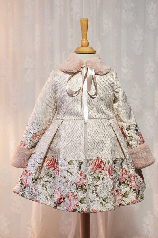 Robe-Manteau fille de cérémonie ivoire à fleurs et fausse fourrure rose